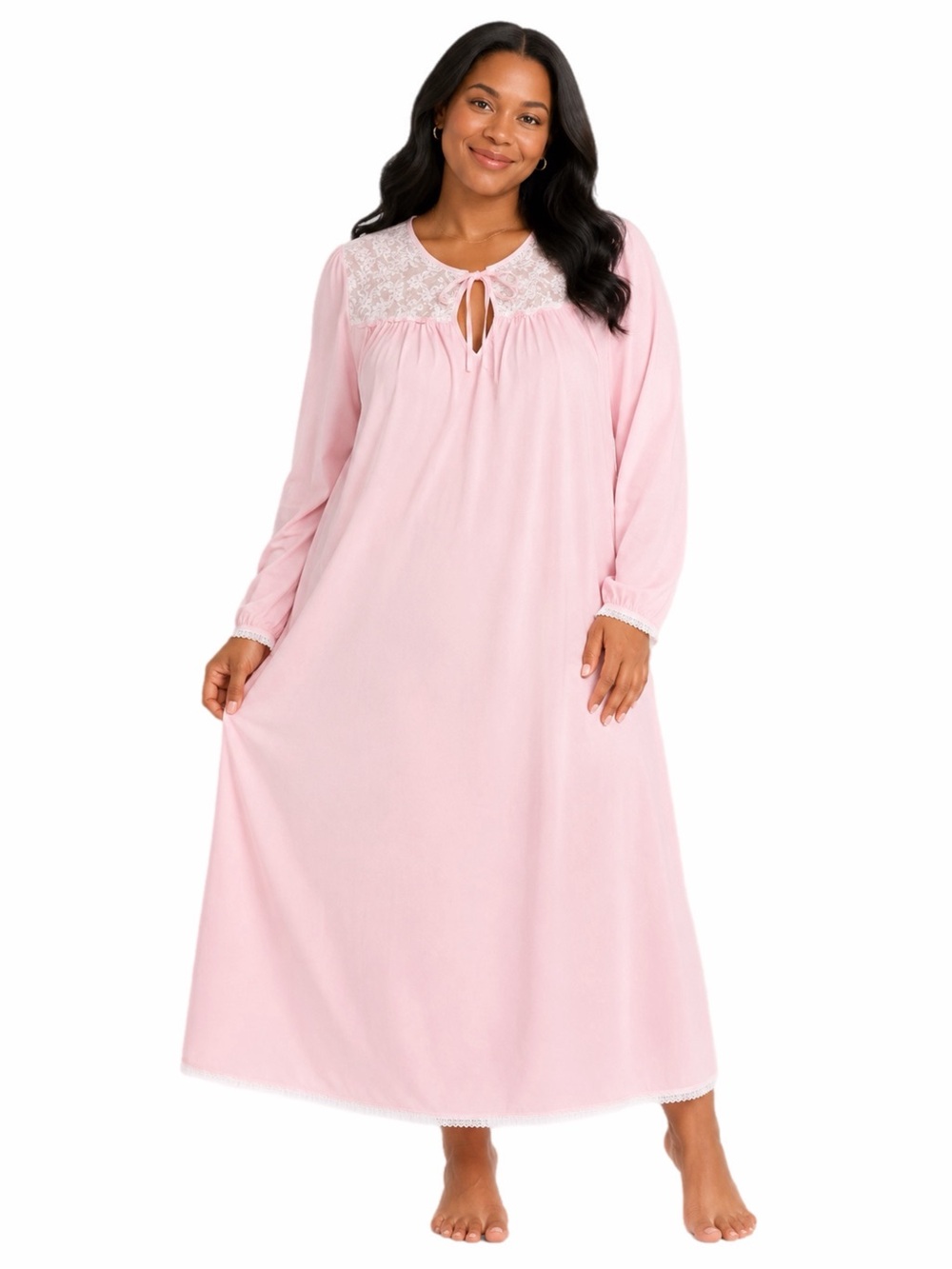 50s/60s European Vintage Fleece & Lace Yoke Bust Maxi Nightgown (Pink/White) XL